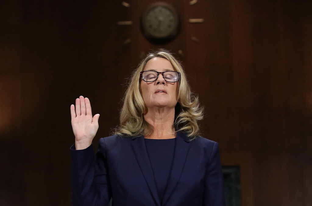 Christine Blasey Ford is sworn in ahead of testifying before the Senate Judiciary Committee on Thursday. Christine Blasey Ford is sworn in ahead of testifying before the Senate Judiciary Committee on Thursday.