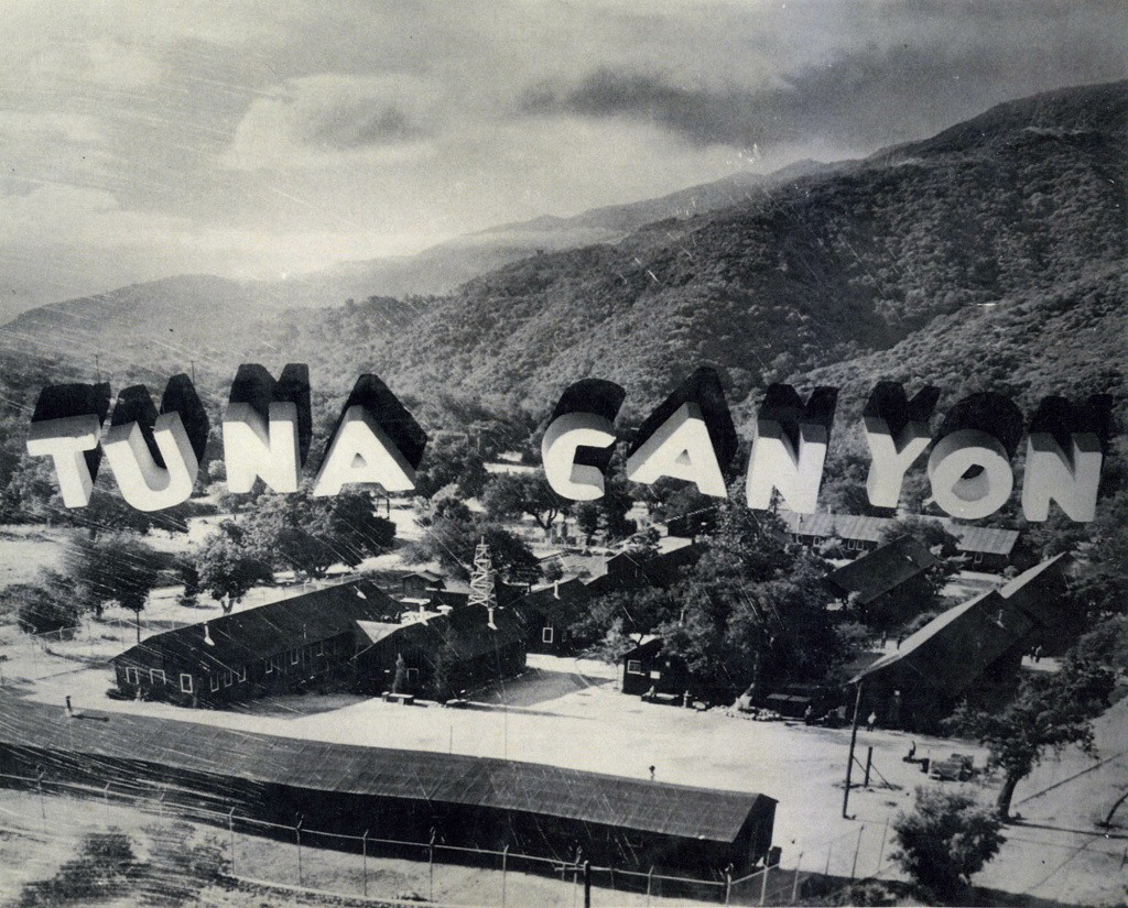 A stylized aerial view of the Tuna Canyon Detention Station. More than 1,000 people of Japanese descent were held here before being transferred to longer-stay camps further inland or out-of-state.