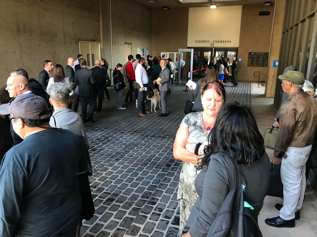homeless Orange County People line up on Saturday, March 17, 2017 to get into an Orange County courtroom for a hearing, presided over by Judge David O. Carter, addressing what to do about 700 homeless people who were recently removed from their encampments along the Santa Ana riverbed.