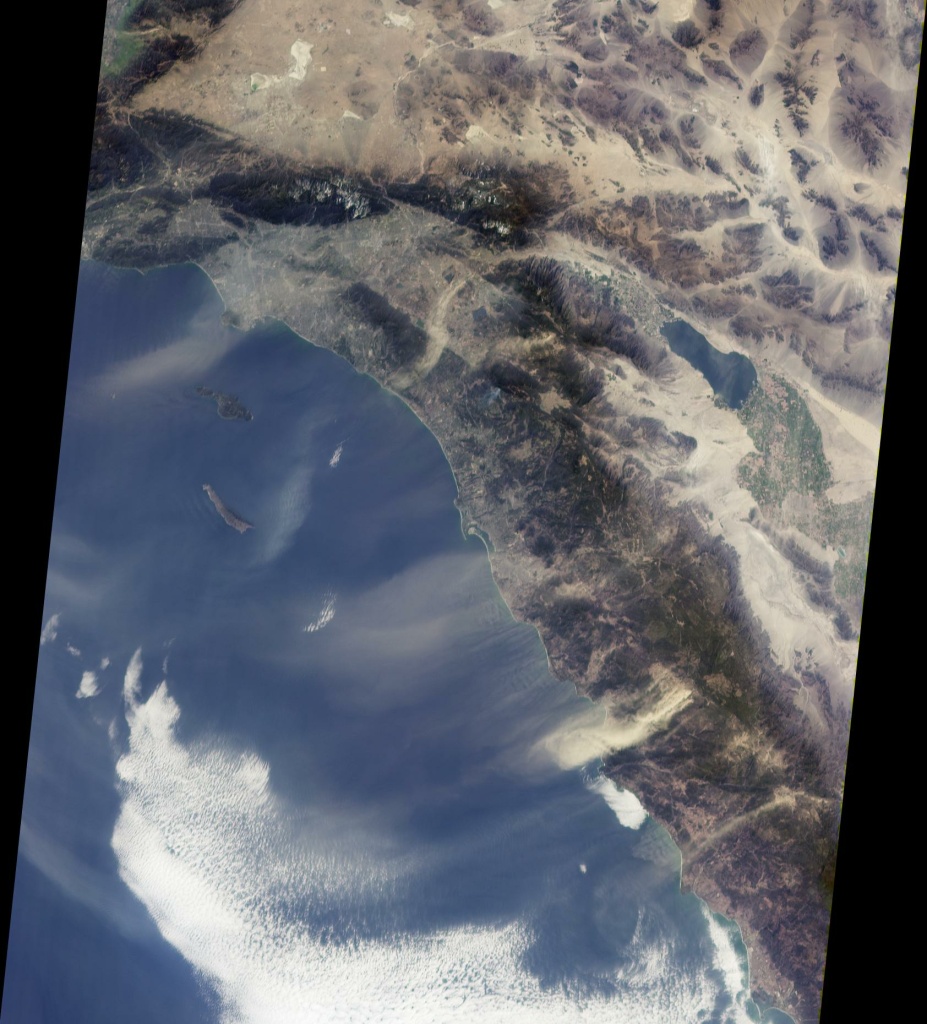 This view from NASA's Multi-angle Imaging SpectroRadiometer shows the pattern of airborne dust stirred up by Santa Ana winds on February 9, 2002. (via JPL)
