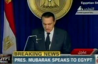 Mercer 14841 The youthful-appearing Hosni Mubarak addresses his people.