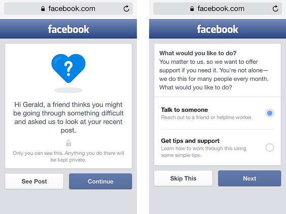 After a post has been flagged for review, Facebook intervenes with a supportive message.
