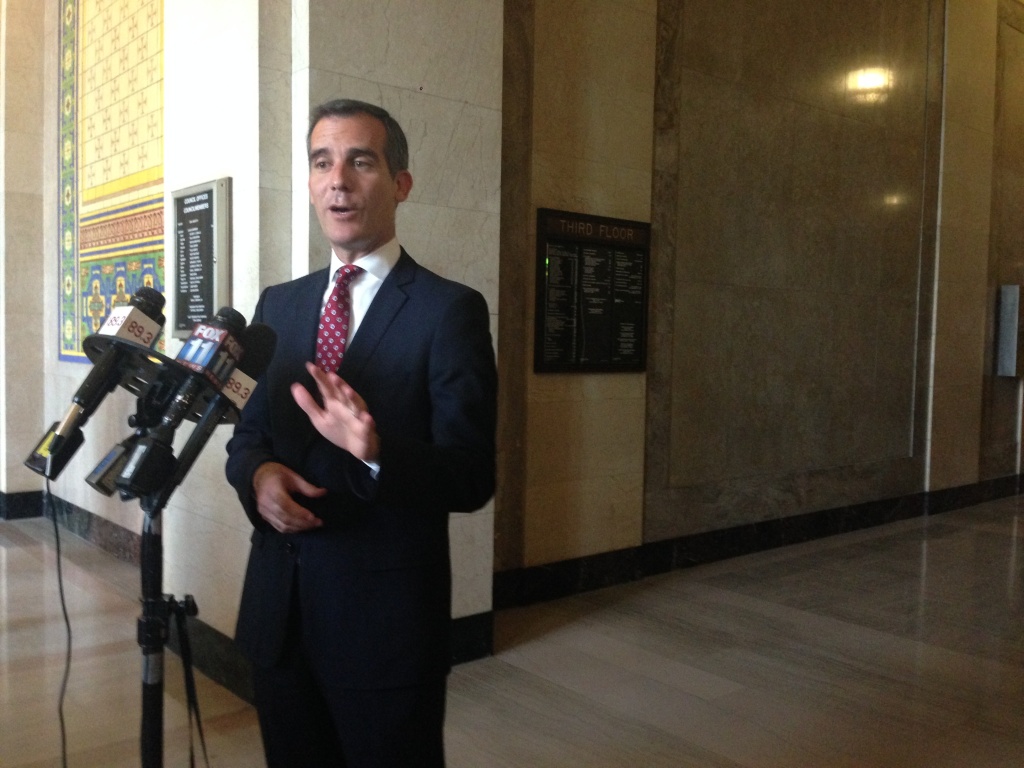 Eric Garcetti Mayor Eric Garcetti answers the media's questions outside Council Chamber.