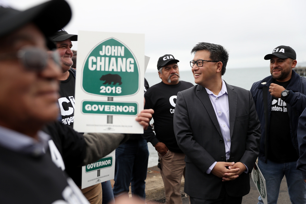 California Governor Candidate John Chiang Campaigns in San Francisco California Democratic gubernatorial candidate, California State Treasurer John Chiang, greets union carpenters during a campaign event near the Golden Gate Bridge on June 7, 2017 in San Francisco, California.