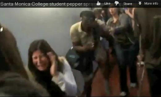 Screenshot of Santa Monica College student pepper sprayed outside of a Board of Trustees meeting on Tuesday, April 3, 2012. The video of the scene was shared by the student newspaper The Corsair on its site and YouTube channel. Screenshot of Santa Monica College student pepper sprayed outside of a Board of Trustees meeting on Tuesday, April 3, 2012. The video of the scene was shared by the student newspaper The Corsair on its site and YouTube channel.