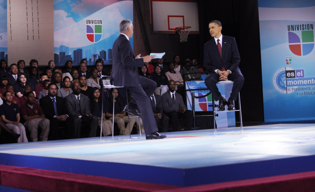 Obama Holds Education Town Hall In DC School MARCH 2011: U.S. President Barack Obama (R) and moderator Jorge Ramos participate in an education town hall hosted by Univision at Bell Multicultural High School, Washington, DC. Fusion, Univision's new English language channel will launch tonight with another Ramos interview with President Obama.