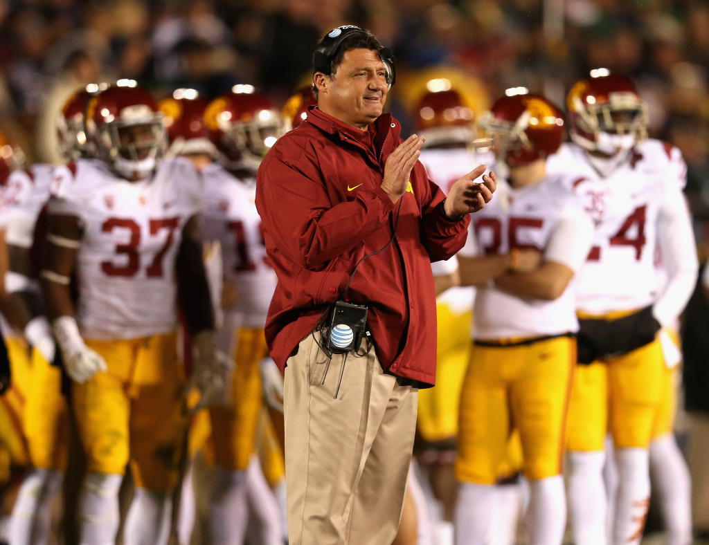USC v Notre Dame Interim head coach Ed Orgeron of the University of Southern California Trojans watches as his team takes on the Notre Dame Fighting Irish at Notre Dame Stadium on October 19, 2013 in South Bend, Indiana. Notre Dame defeated USC 14-10.