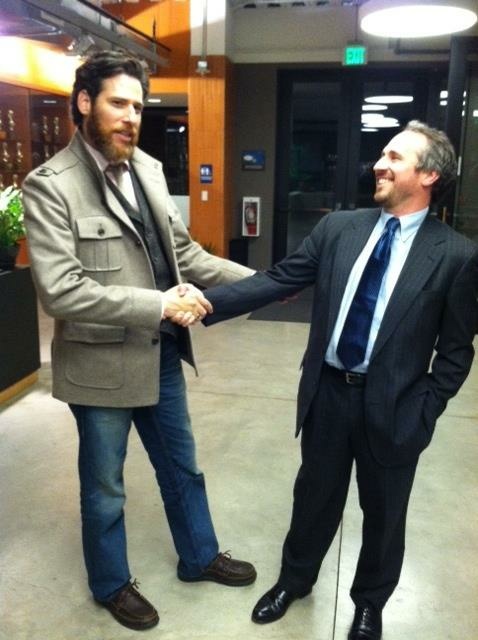 The DeBord Report Live's first guest: Sasha Strauss of Innovation Protocol. He's taller and I have the much older suit.