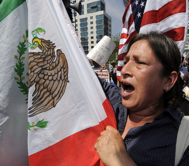 Protesters against Arizona's new immigration law hold a rally at Union Square in New York on May 1, 2010 as more than a million people from coast to coast hold May Day rallies. Hundreds of thousands of people are expected to rally across the US Saturday in protest the immigration law in Arizona that has triggered an outcry from rights groups.