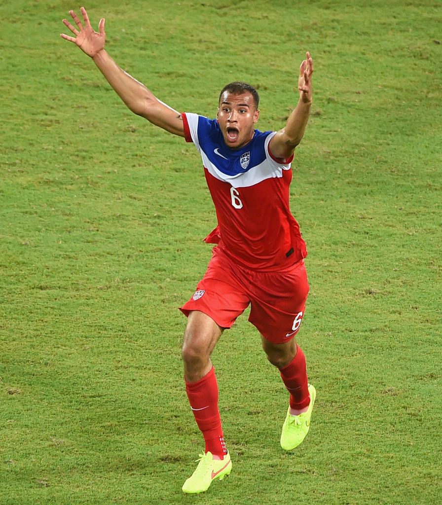 John Brooks of the United States celebrates after scoring his team's second goal during the 2014 FIFA World Cup Brazil Group G match between Ghana and the United States.