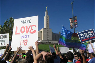 Mercer 8060 No On Prop 8 supports protest in front of the Mormon Church.