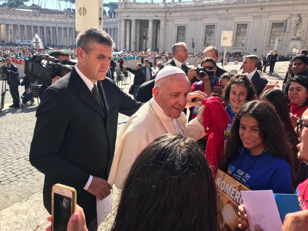 Pope Francis meets Crista Ramos and other U.S. citizen children of TPS holders at the Vatican in October, 2018, days ahead of the canonization of Salvadoran Archbishop Óscar Romero. Pope Francis meets Crista Ramos and other U.S. citizen children of TPS holders at the Vatican in October, 2018, days ahead of the canonization of Salvadoran Archbishop Óscar Romero.