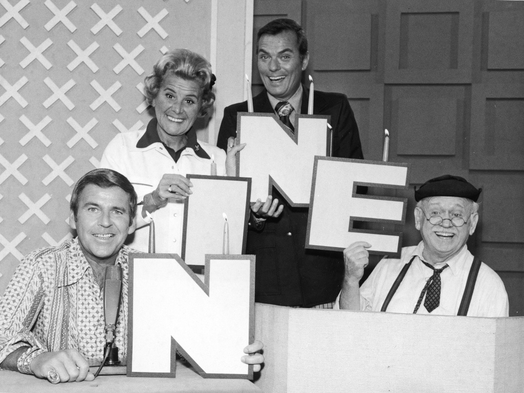 Stars of 'Hollywood Squares' The celebrity panel and host of the game show 'Hollywood Squares' celebrate the 1974 season: Paul Lynde, Rose Marie, host Peter Marshall and Charley Weaver.