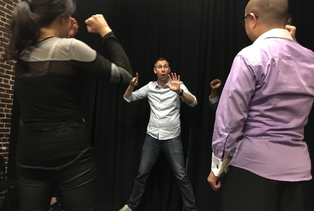 Veteran Improv B.J. Lange, an Air Force veteran, teaches improvisation to other veterans during the first class at Second City on March 18, 2017. The Saturday class culminates in a performance in April.