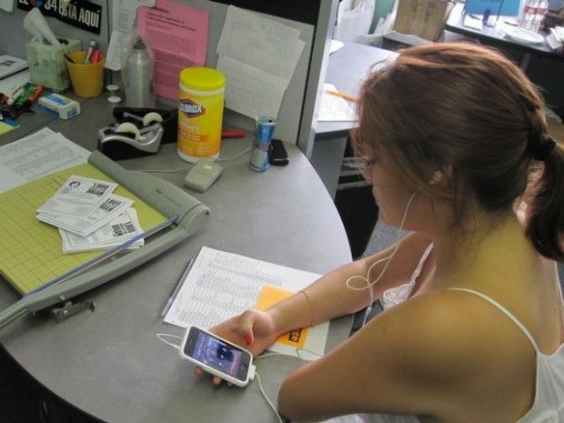 DREAM Act supporter Sophia Sandoval calls members of the Senate from her iPhone at a makeshift phone bank in Westlake, September 16, 2010