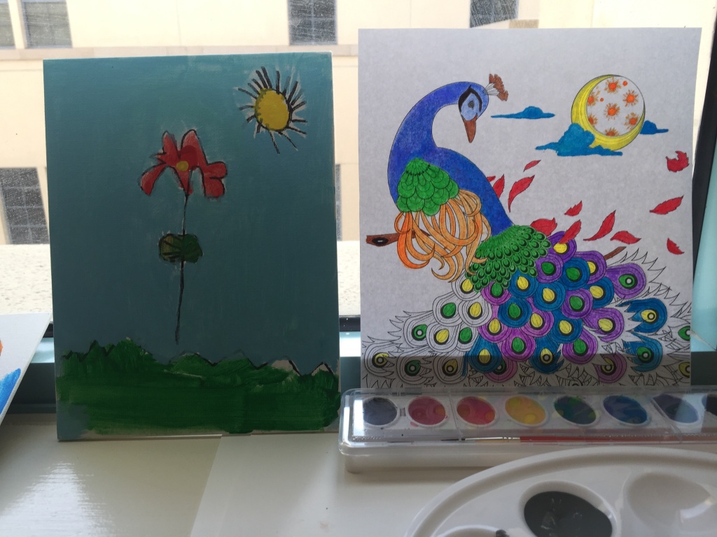 Rosanna said she has never painted before. Since coming to the hospital, she and her son have both made art using watercolors and acrylics. Rosanna said she has never painted before. Since coming to the hospital, she and her son have both made art using watercolors and acrylics.