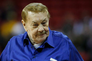 Los Angeles Lakers owner Jerry Buss appears before his team's preseason game against the Sacramento Kings at the Thomas & Mack Center October 12, 2008 in Las Vegas, Nevada