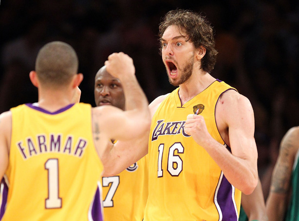Pau Gasol #16 of the Los Angeles Lakers reacts with teammate Jordan Farmar #1 while taking on the Boston Celtics in Game Seven of the 2010 NBA Finals at Staples Center on June 17, 2010. Gasol is playing against some familiar faces in the Olympic basketball match between the US and Spain.