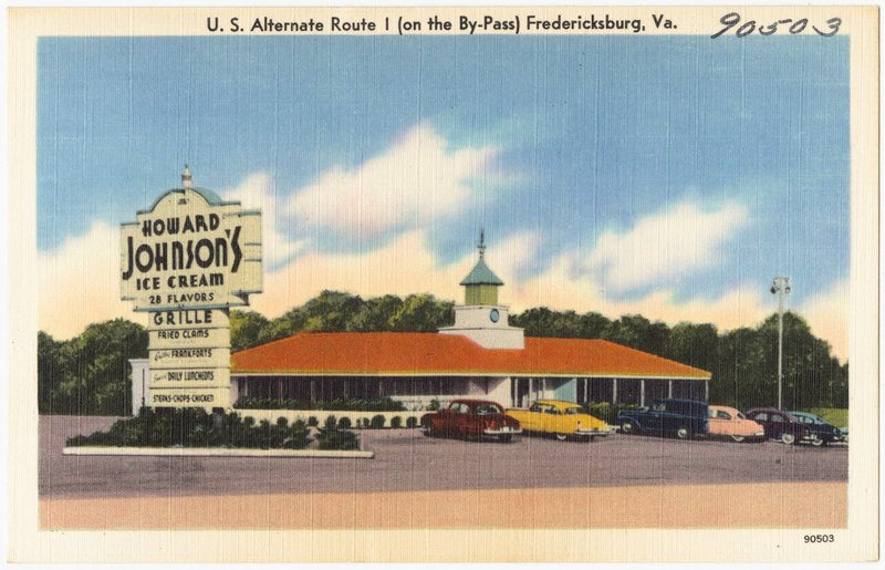 8618834791_749e51b685_o_custom-16dae47fc90c2be8e175199c5db485d98e7076a5-s800-c85.jpg A vintage postcard (circa 1930-1945) shows the Howard Johnson's, or HoJo's, on U.S. Alternate Route I, in Fredericksburg, Va. The chain redefined how a broad swath of middle-class families dined on the road.