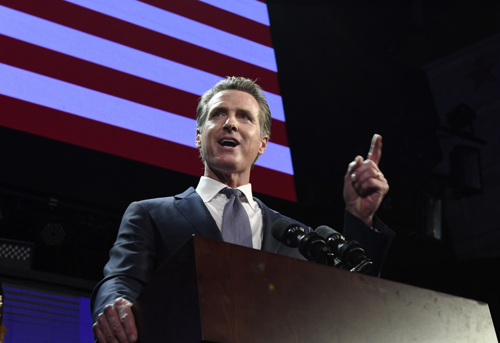 Democratic gubernatorial candidate Gavin Newsom speaks during election night event on November 6, 2018 in Los Angeles, California. Gavin Newsom speaking in Los Angeles on election night, Nov. 6, 2018.