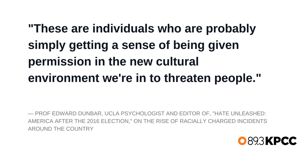 Professor Dunbar quote card Professor Edward Dunbar, UCLA psychologist on the racially charged incidents happening throughout the country.