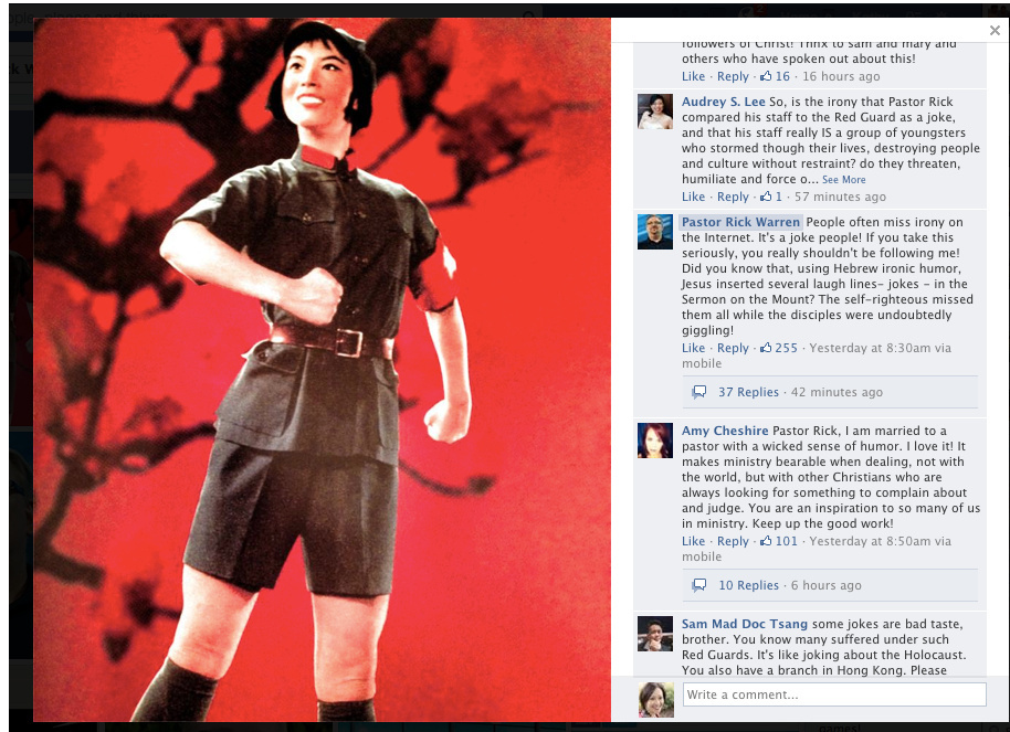 Asian Evangelical A post on Saddlebrook megachurch Pastor Rick Warren's Facebook page had the caption