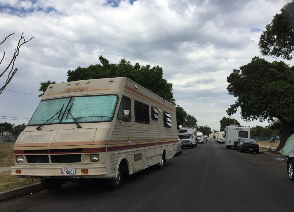 Manchester Square Recreational vehicles and tents line the empty lots of Manchester Square.
