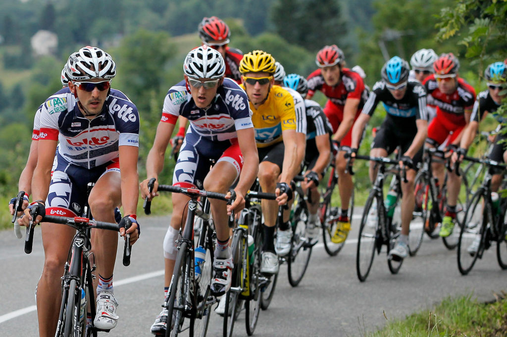 Le Tour de France 2012 - Stage Fourteen Lotto-Belisol pressures the group of the yellow jersey of Bradley Wiggins riding for Sky Procycling on the climd of the Mur de Peguere during stage fourteen of the 2012 Tour de France from Limoux to Foix on July 15, 2012 in Boussenac, France.