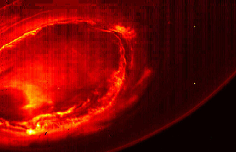This infrared image from Juno provides an unprecedented view of Jupiter's southern aurora. Such views are not possible from Earth.