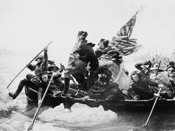 George Washington leads his troops across the Delaware River in 1776 during the Revolutionary War in this painting by Emanuel Leutze.