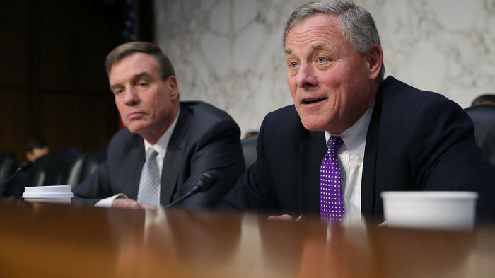 Senate Intelligence Committee Ranking Member Sen. Mark Warner, D-Va., (left) and Chairman Richard Burr, R-N.C. at at committee hearing on on Capitol Hill on February 13, 2018. Senate Intelligence Committee Ranking Member Sen. Mark Warner, D-Va., (left) and Chairman Richard Burr, R-N.C. at at committee hearing on on Capitol Hill on February 13, 2018.