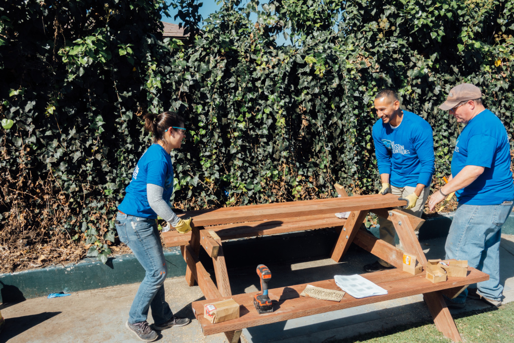 The Mission Continues picnic table A picnic table comes together at Gonzaque Village in Watts during a volunteer event organized by The Mission Continues.