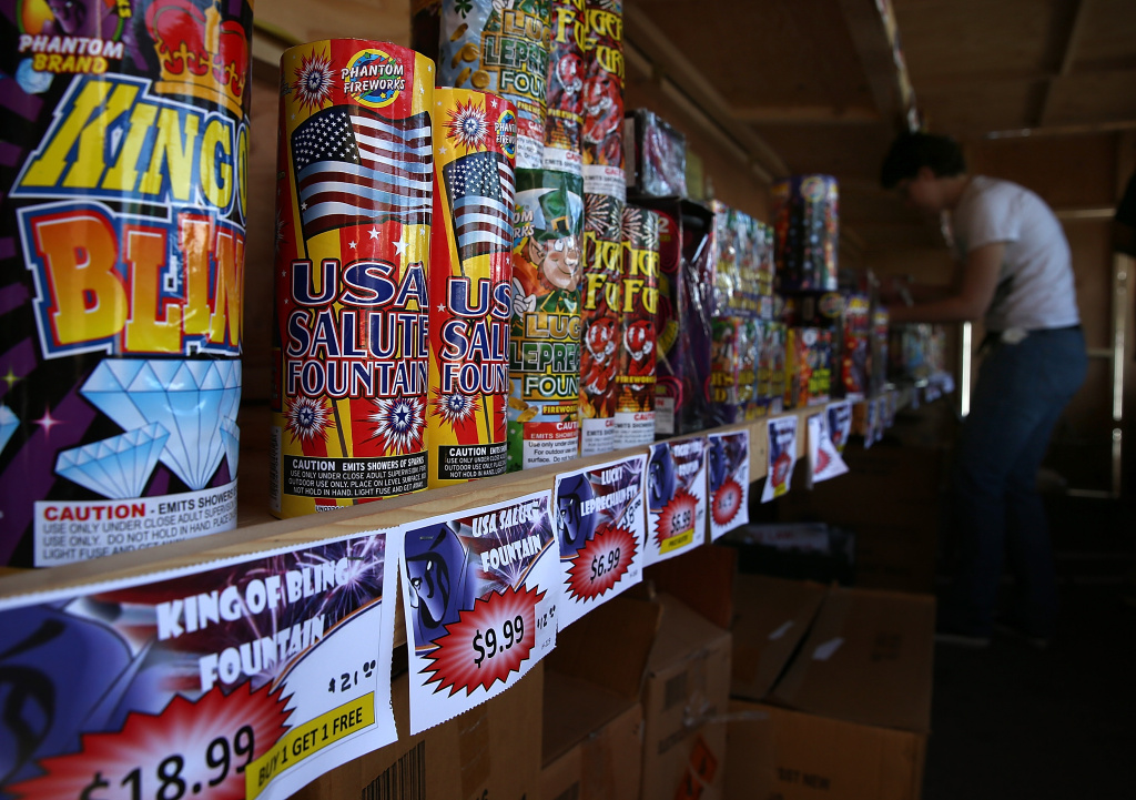Fireworks Sold Ahead Of July 4th Holiday Fireworks are displayed on a shelf inside of the San Bruno Rotary Club fireworks stand on July 3, 2013 in San Bruno, California. Fire departments in the greater San Francisco Bay Area are on heightened alert as vendors in select cities in Santa Clara, San Mateo and Alameda counties began selling fireworks on July 1.