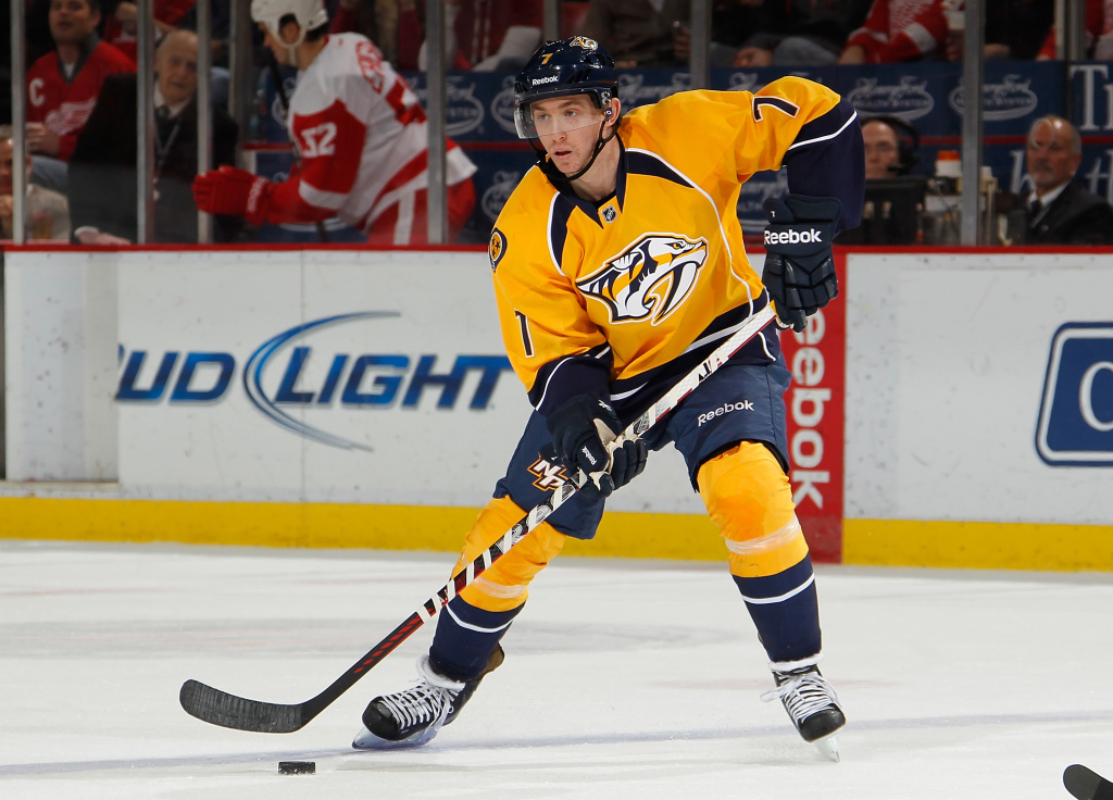 Nashville Predators v Detroit Red Wings Jonathon Blum (#7) of the Nashville Predators looks to make a play against the Detroit Red Wings at Joe Louis Arena on February 23, 2013 in Detroit, Michigan.