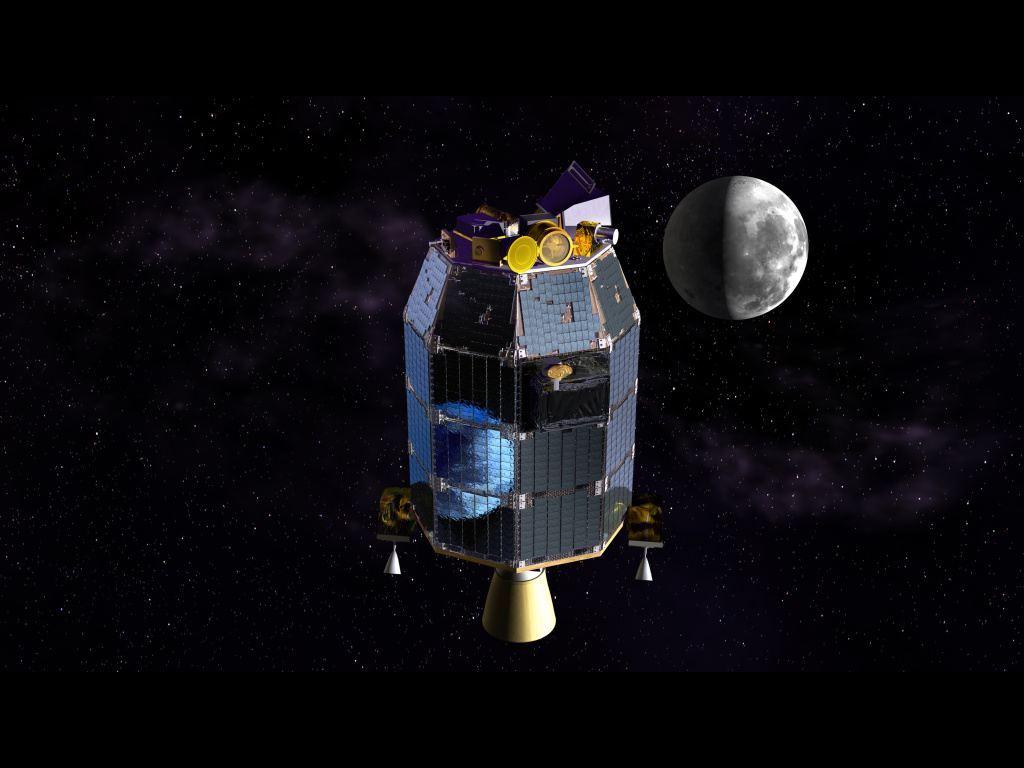 LADEE and the Moon Artist's Concept This is an artist's depiction of NASA's Lunar Atmosphere and Dust Environment Explorer (LADEE) observatory in space with the moon in the distance.