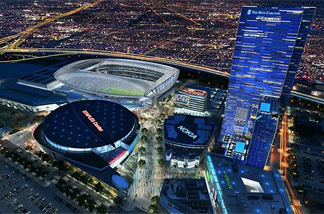 A computer rendering of the downtown Los Angeles landscape with the new stadium proposed by AEG