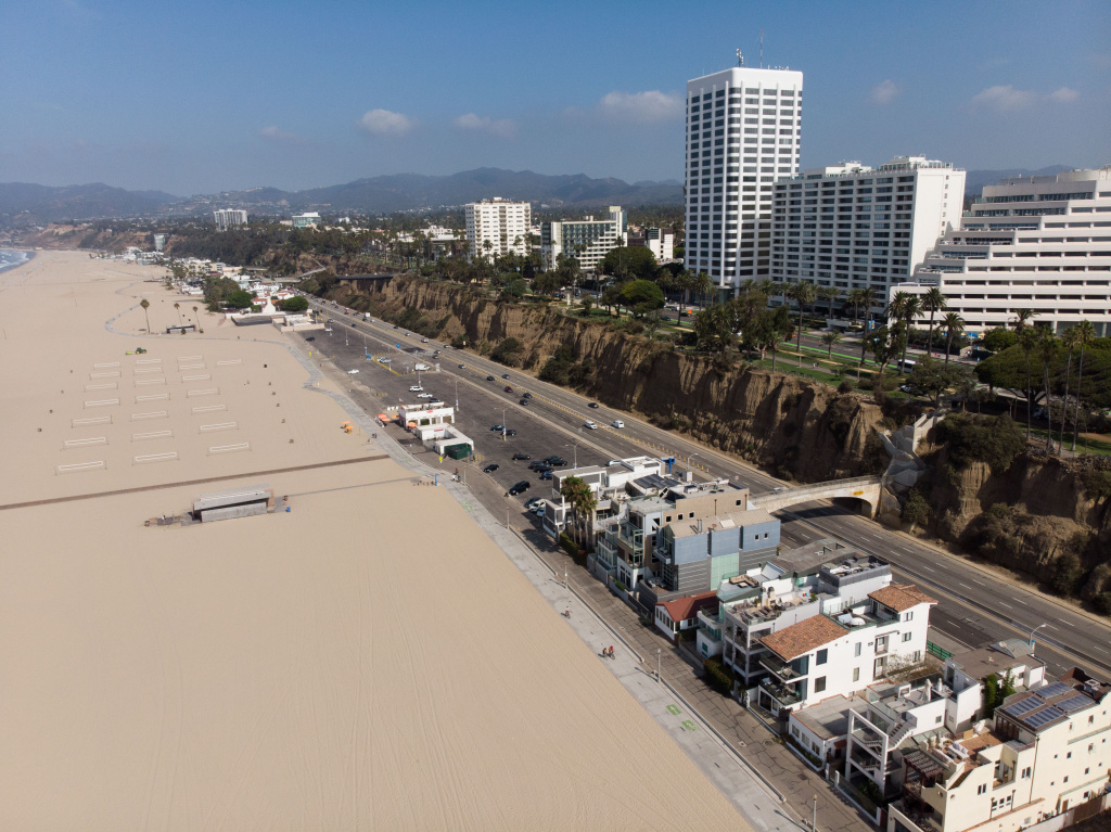 Santa Monica Beach, a very wide, artificially built, and regularly maintained beach. Photographed on September 9, 2019 in Santa Monica, California. Santa Monica Beach, a very wide, artificially built, and regularly maintained beach. Photographed on September 9, 2019 in Santa Monica, California.