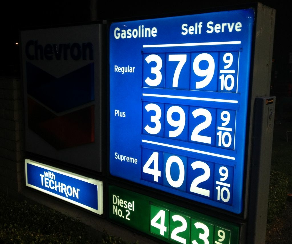 Gasoline prices in Southern California have only varied by a few pennies in recent weeks. The average price of a gallon of self-serve regular gas in LA County Friday is $3.74, the second highest in the state. Prices at a station in Newport Beach, January 25, 2013.