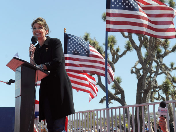 Sarah Palin speaks at a Tea Party rally in Searchlight, Nev., on Saturday. Thousands of Tea Party activists were in attendance.