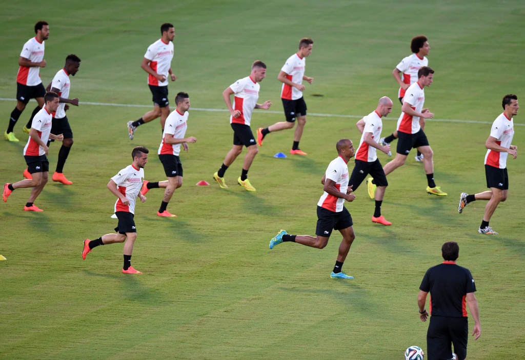 FBL-WC-2014-BEL-TRAINING Belgium's players take part in a training session in Salvador on June 30, 2014, on the eve of their Brazil 2014 FIFA World Cup second round football match against the U.S.