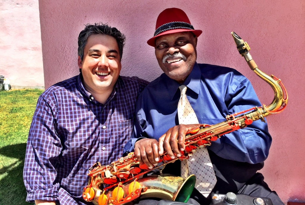 May 8, 2017: Sean J and Big Jay ... Off-Ramp jazz correspondent Sean J. O'Connell after his interview with 90-year-old sax legend Big Jay McNeely in South LA. May 8, 2017: Sean J and Big Jay ... Off-Ramp jazz correspondent Sean J. O'Connell after his interview with 90-year-old sax legend Big Jay McNeely in South LA.