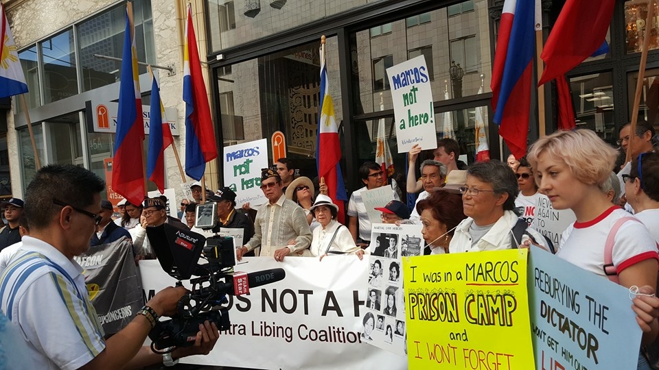 Philippines protest Protesters gathered in multiple US cities last week to protest a plan by Philippines President Rodrigo Duterte to re-bury former dictator Ferdinand Marcos in a national cemetery for military heroes. (Photo courtesy of Ron Arrieta and Abner Galino.)
