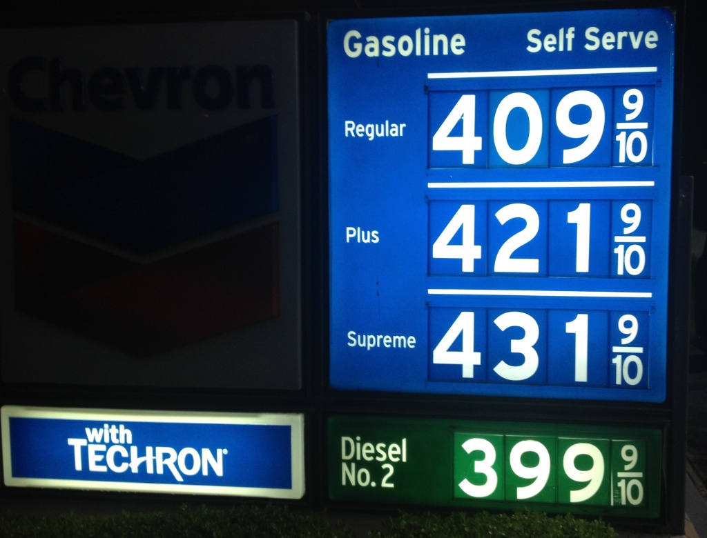 Gasoline prices are averaging more than $4 for a gallon of self-serve regular Wednesday in Southern California. Prices at this Newport Beach station are slightly above the Orange County average of $4.02.
