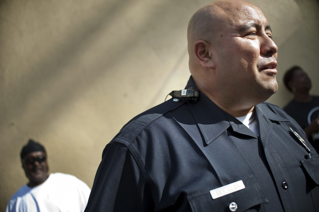 LAPD Body Cameras - 5 LAPD officer Guillermo Espinoza on patrol in Skid Row. He was part of a pilot program to look at the use of police body cameras.