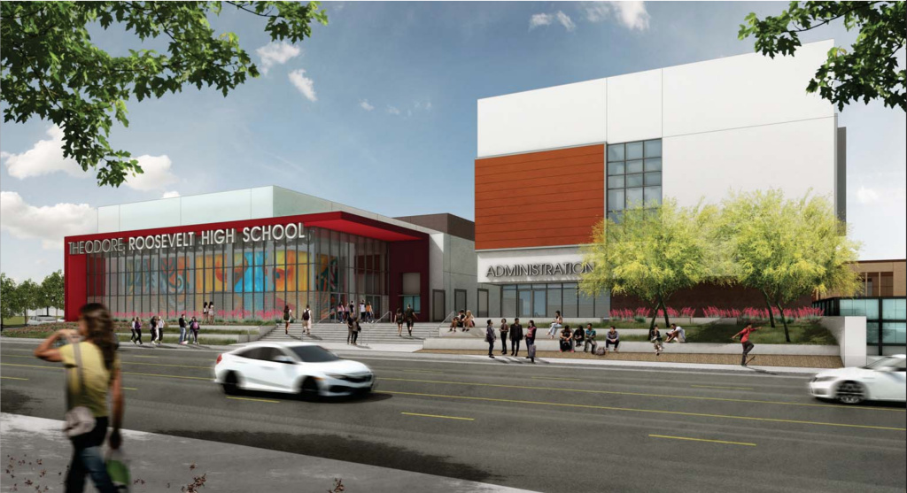 LAUSD Roosevelt High School Rebuild A rendering of a proposed new campus for Roosevelt High School in L.A.'s Boyle Heights neighborhood. The project would cost $173 million and is part of a more than $7.8 billion plan to extensively