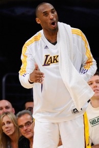 Kobe Bryant reacts from the bench during the game against Denver Nuggets at the Staples Center on April 3, 2011 in downtown Los Angeles.