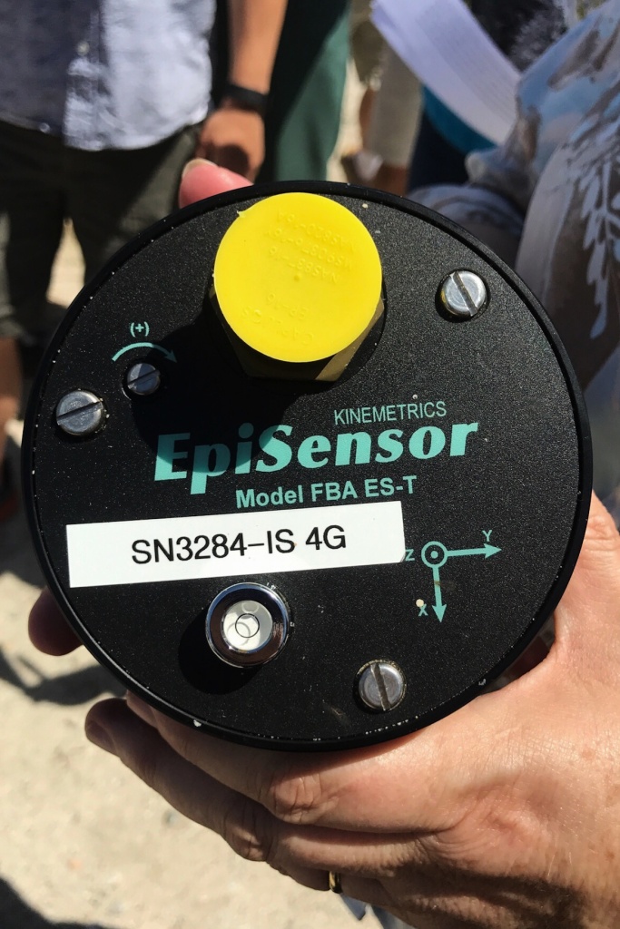 Lucy Jones holds a sensor, normally planted underground, that's used to detect earthquakes. Lucy Jones holds a sensor, normally planted underground, that's used to detect earthquakes.
