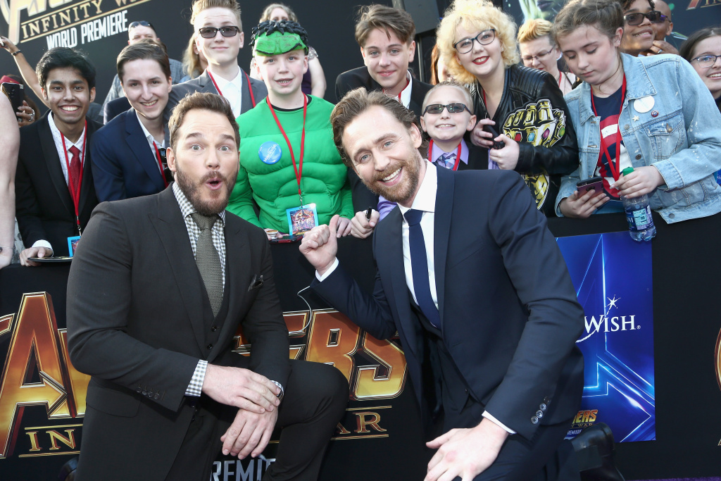 Los Angeles Global Premiere for Marvel Studios' Actors Chris Pratt (L) and Tom Hiddleston attend the Los Angeles Global Premiere for Avengers: Infinity War on April 23, 2018 in Hollywood, California.