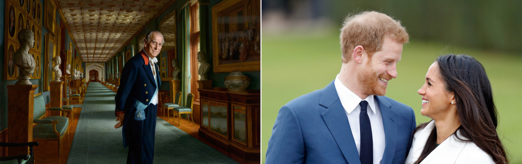 Prince Philip Prince Harry Meghan Markle (Left) A portrait of Prince Philip, Duke of Edinburgh, hangs at Windsor Castle. (Right) Prince Harry and Meghan Markle announced their engagement at Kensington Palace on Nov. 27.