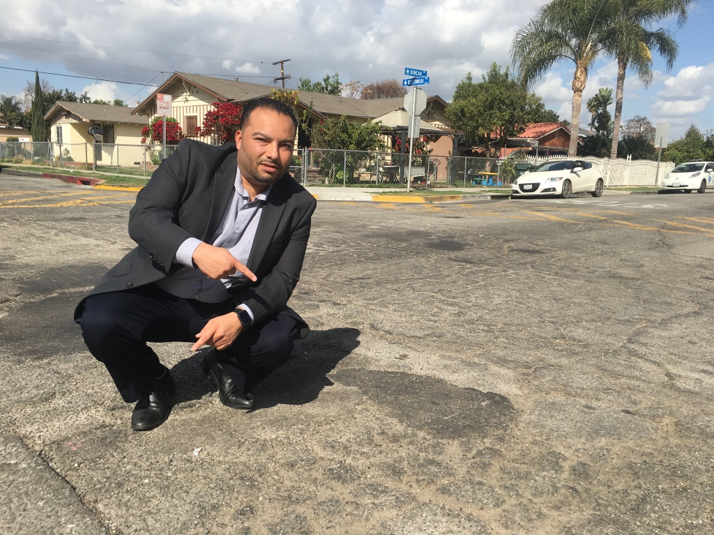Lynwood Mayor Jose Luis Salache Lynwood Mayor Jose Luis Salache on deteriorated Duncan Avenue whose repair is accelerated with money from SB1, California's new gas tax.
